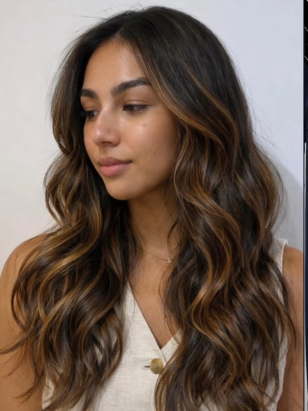 Long dark brunette waves with caramel copper face ribbons