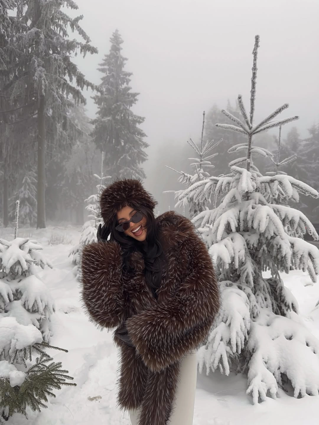 Generous brown shaggy coat over dark layers in a snowy outdoor setting