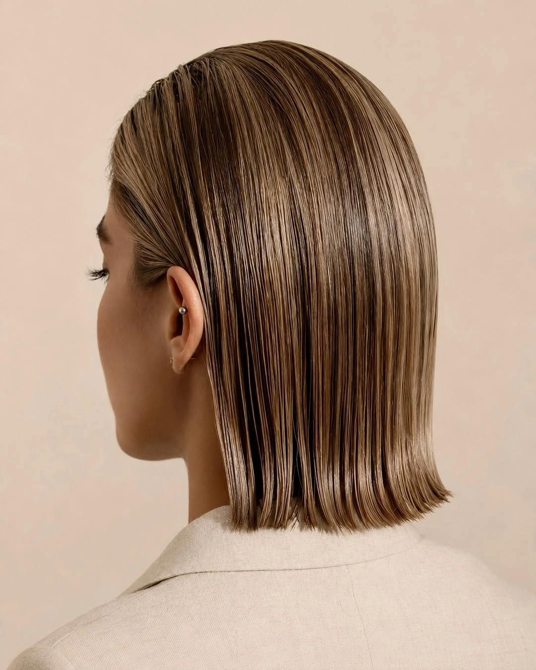 Sleek straight blunt lob with dark rooted blonde contrast