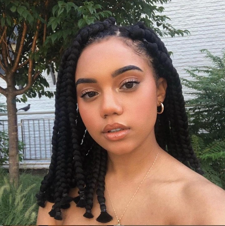 Shoulder grazing black twists or braids with rounded ends