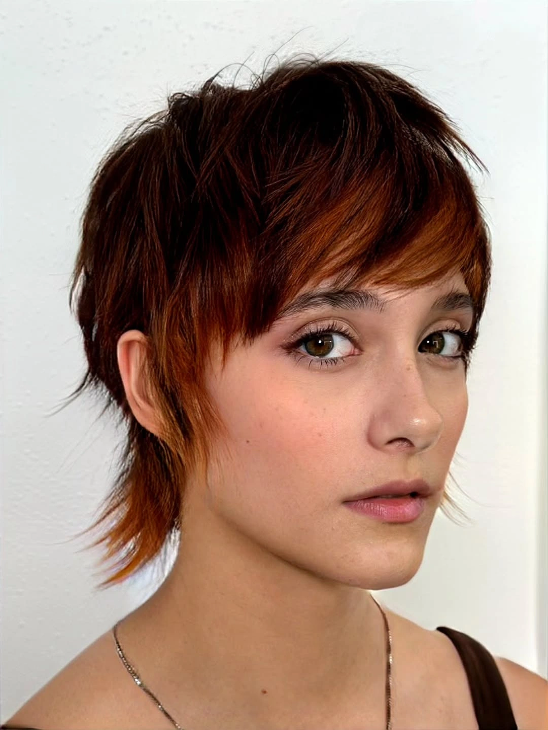 Short copper auburn layered hair with piecey fringe