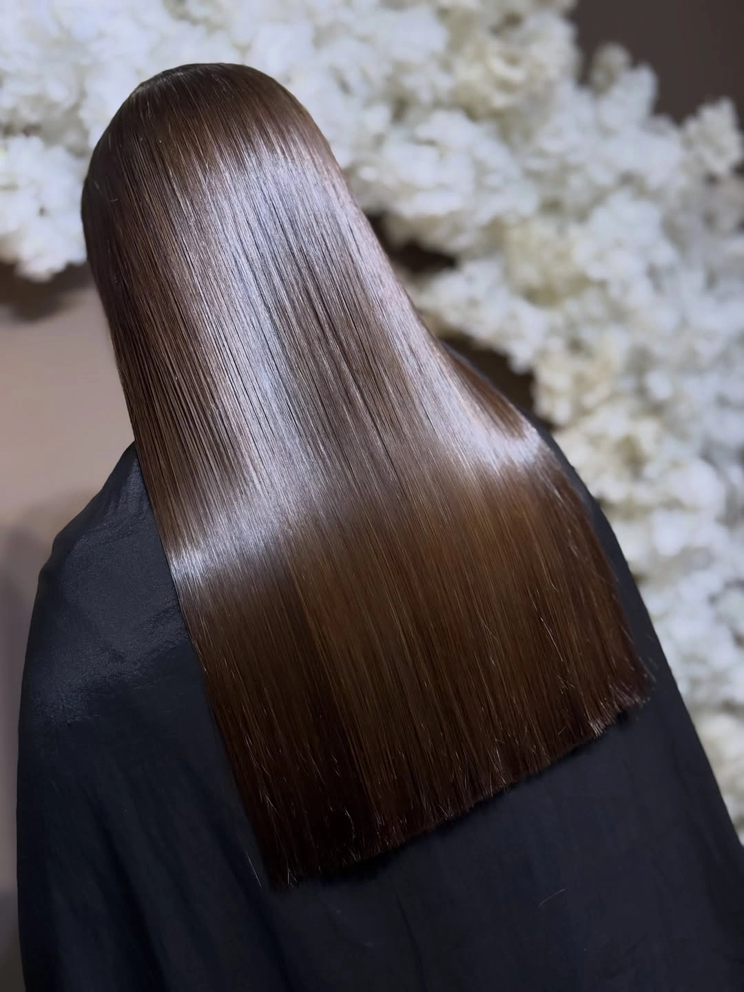 Long straight dark chocolate brown hair with blunt ends
