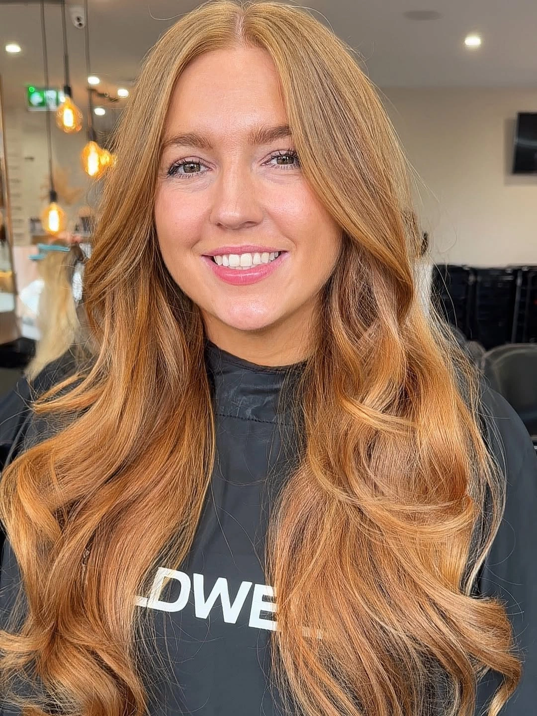 Long warm copper red waves with center part and layers