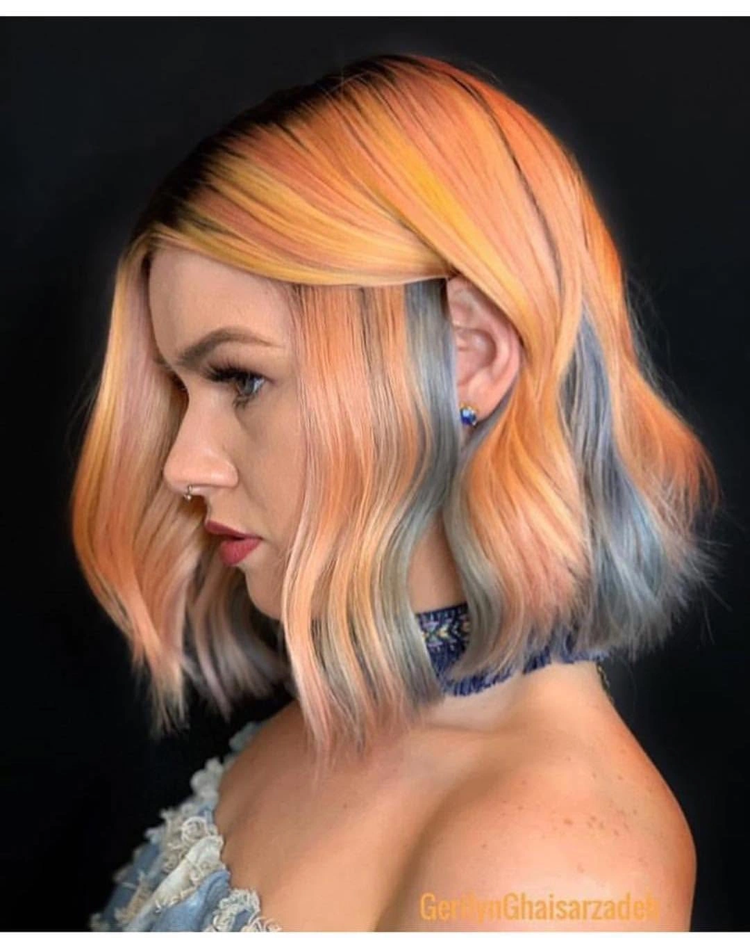 Short peach copper bob with blue gray side panel