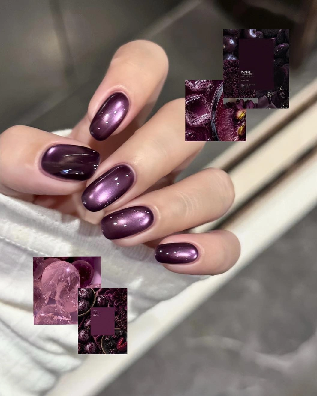 Glossy plum oval nails with luminous purple highlights