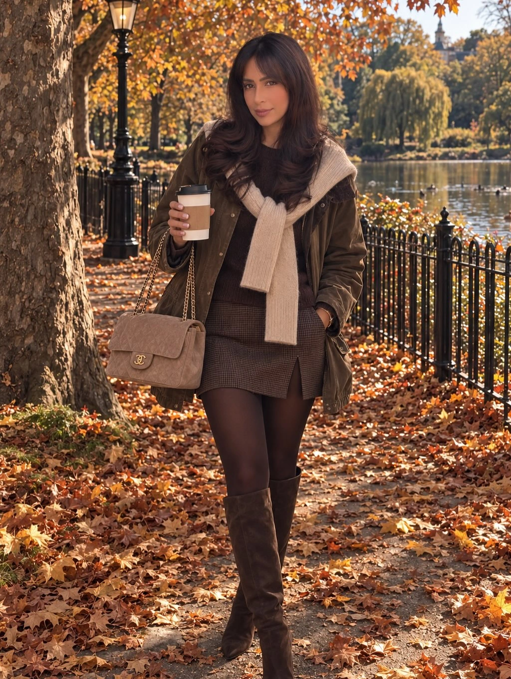 Brown knit dress-like layer, tall boots, light shoulder sweater