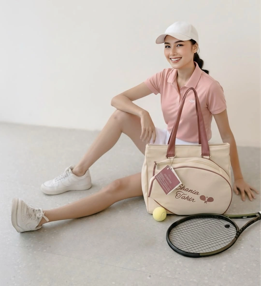 Pale pink padel shorts set with white cap racket and balls