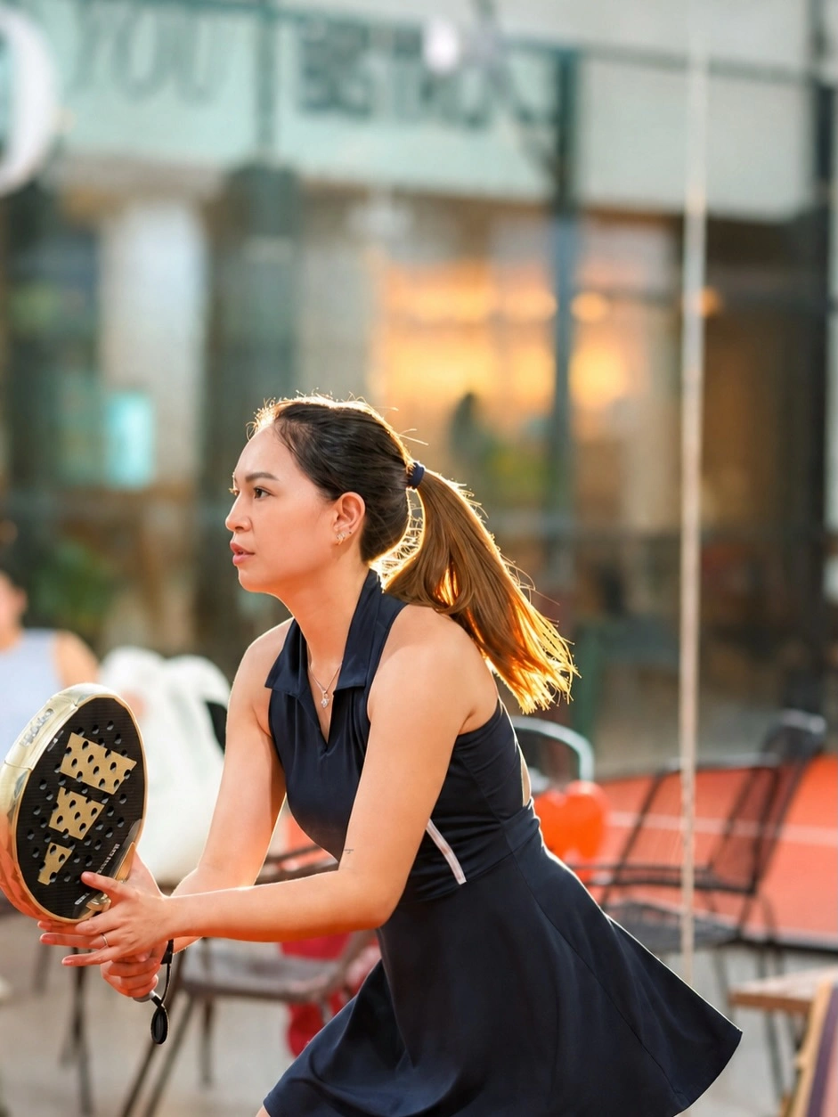 Black collared padel dress in low ready stance on orange court