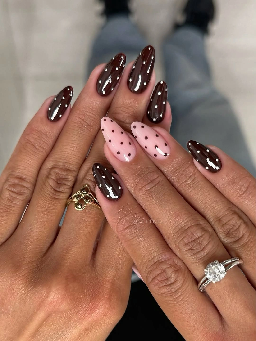 Chocolate brown nails with pale pink white dotted accent nails
