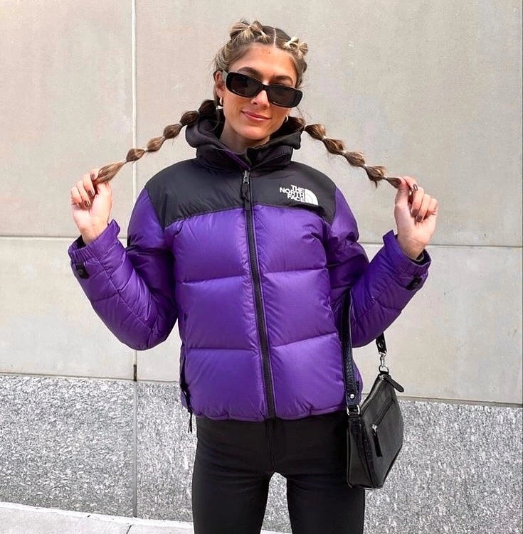Purple and black cropped padded jacket with black pants