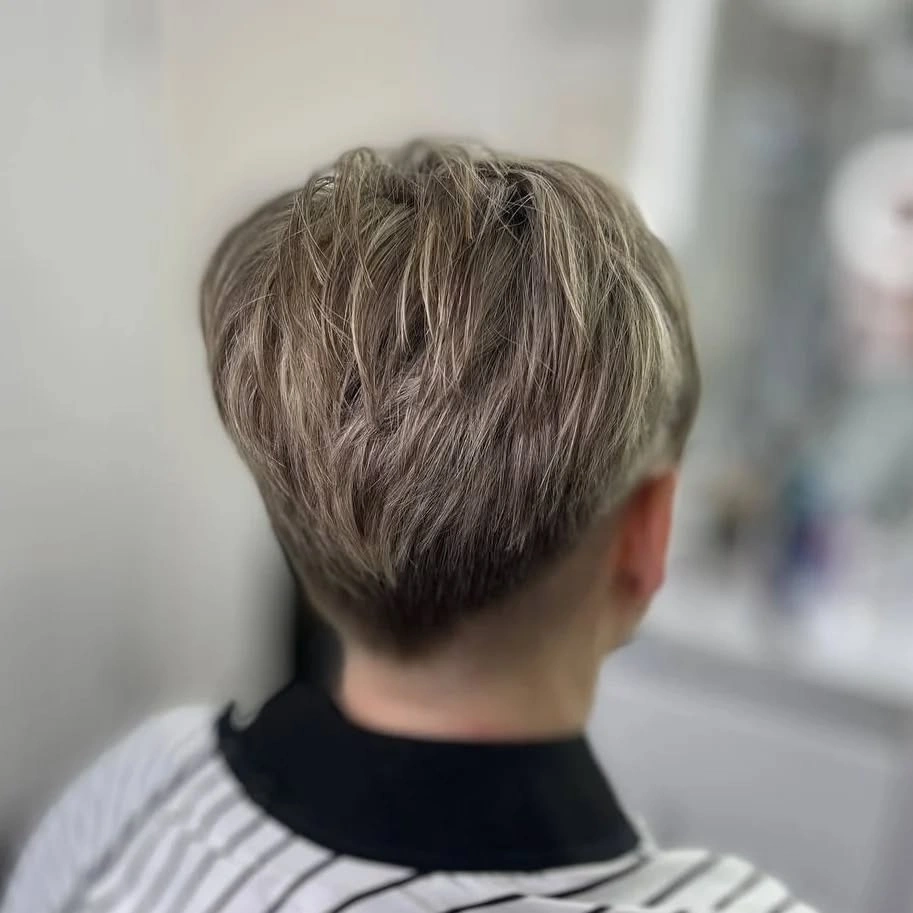 Textured brown-gray pixie haircut from behind