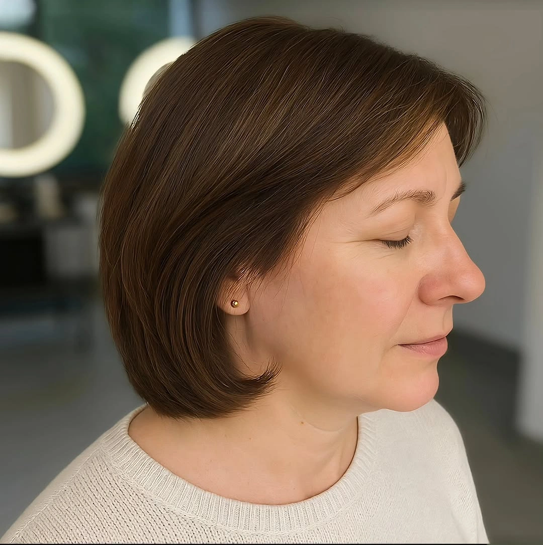 Short brown rounded bob shown in side profile