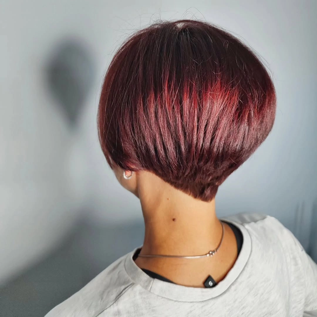 Burgundy rounded short bob viewed from the back