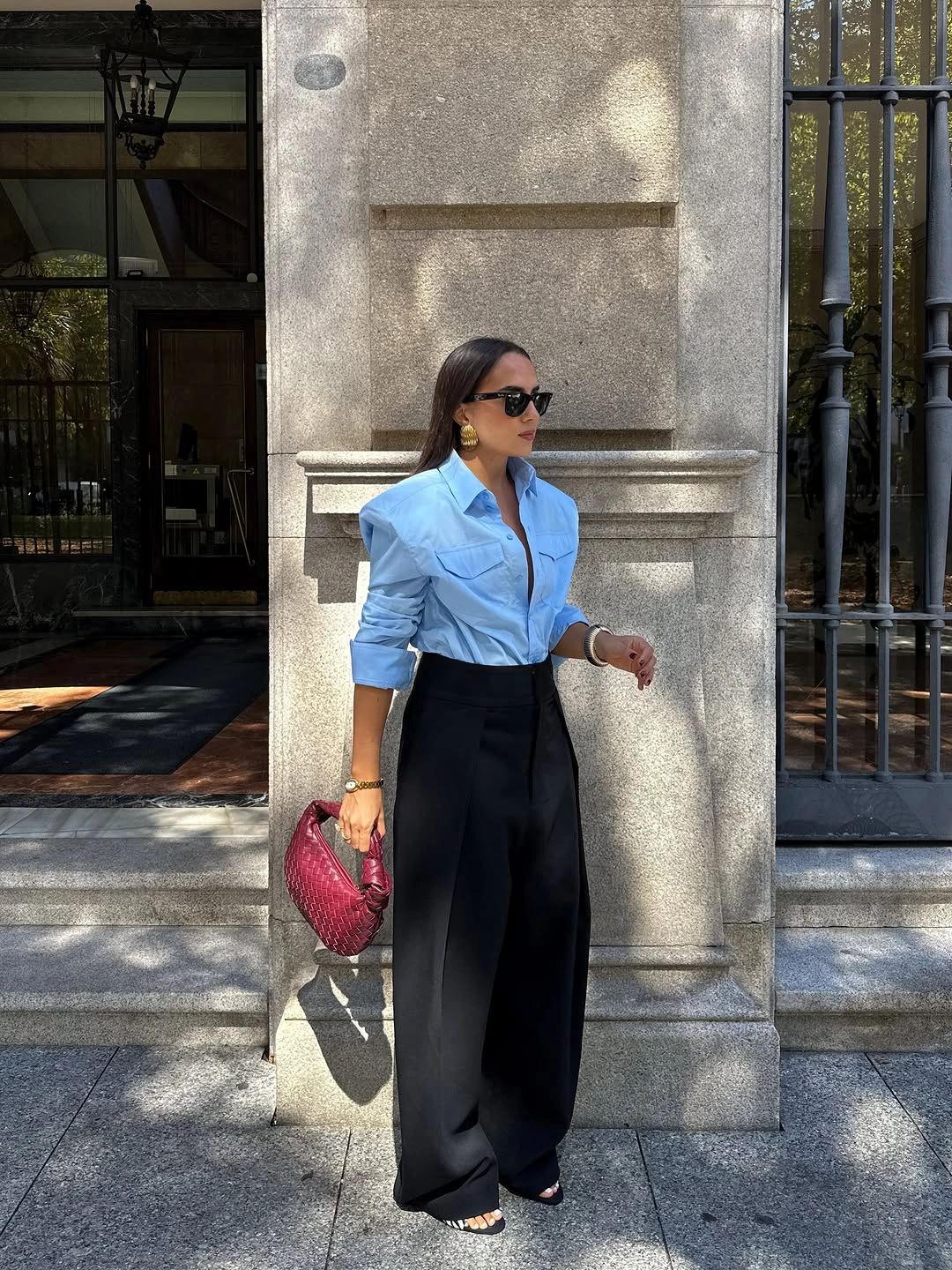 Light blue shirt with black wide-leg trousers