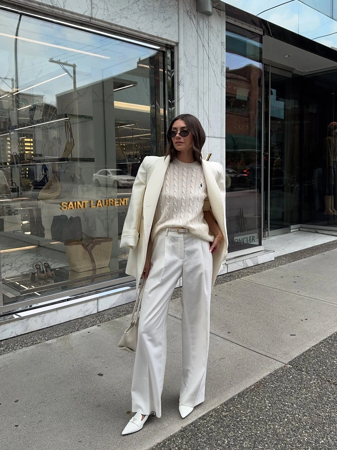 Cream blazer with knit sweater and wide trousers