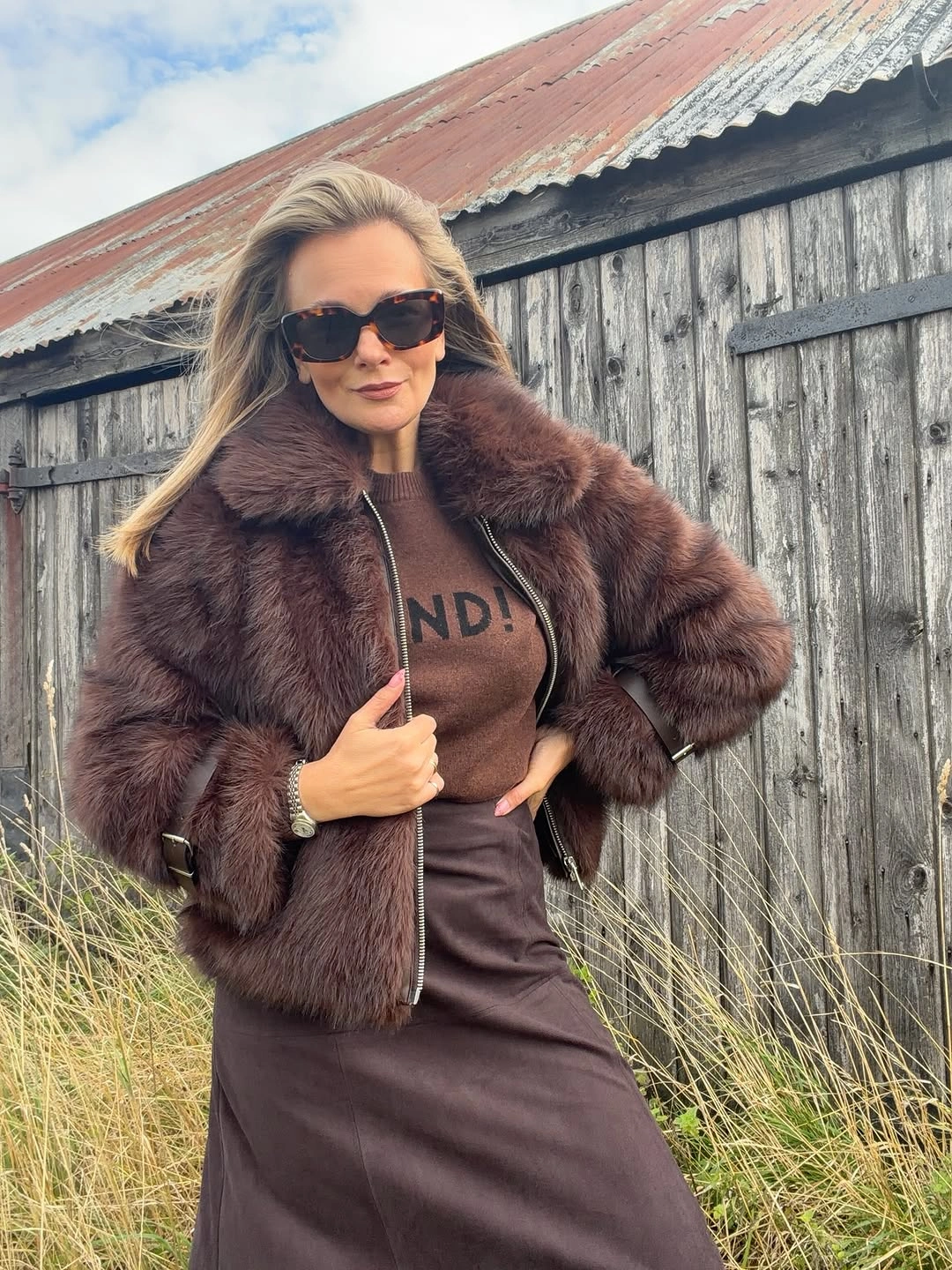 Brown fur-like cropped jacket with tonal brown outfit