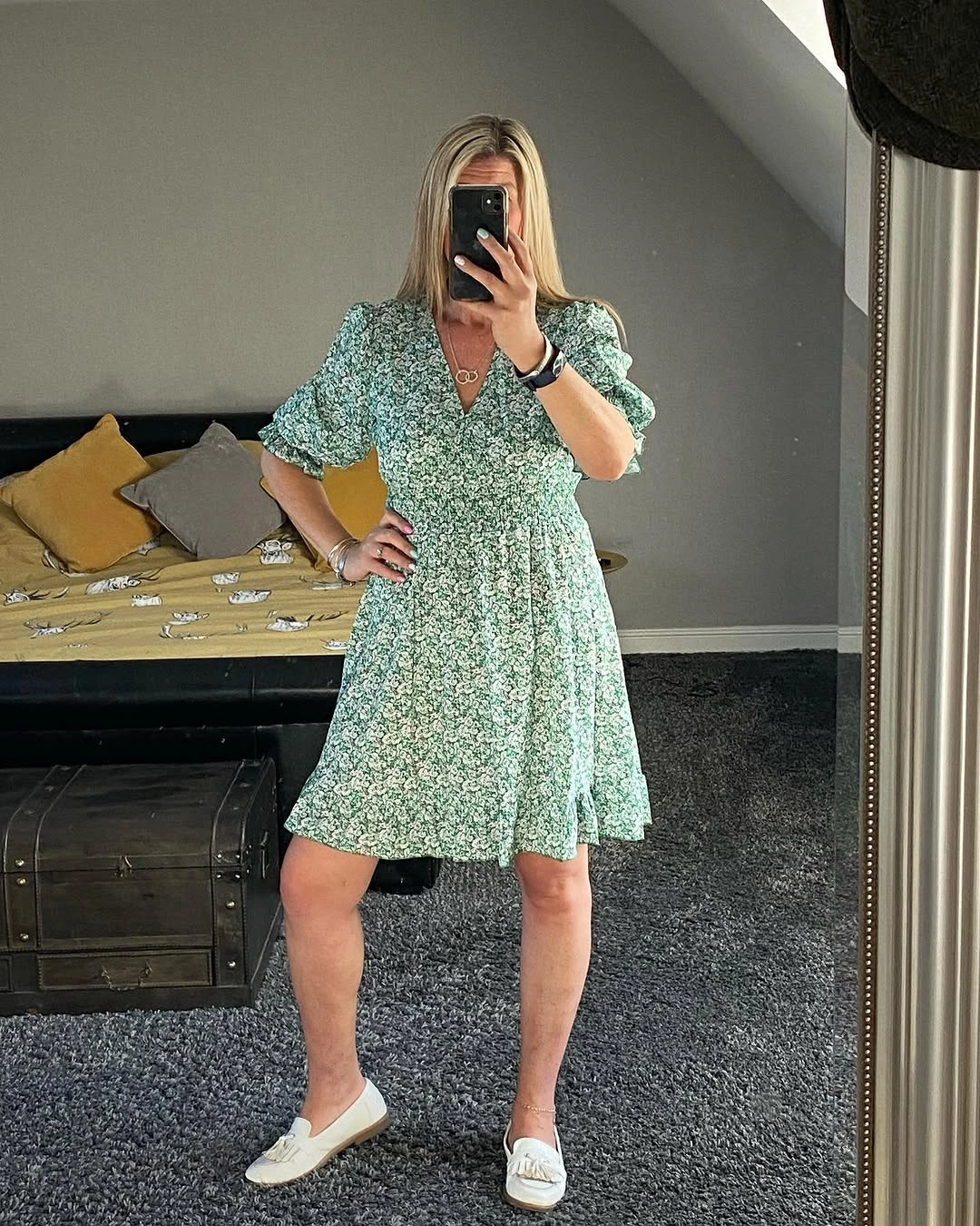 Green print short dress with white loafers