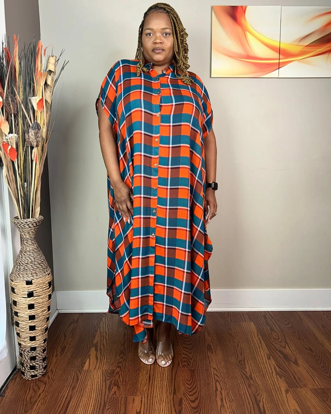 Orange and teal checked caftan dress with sandals