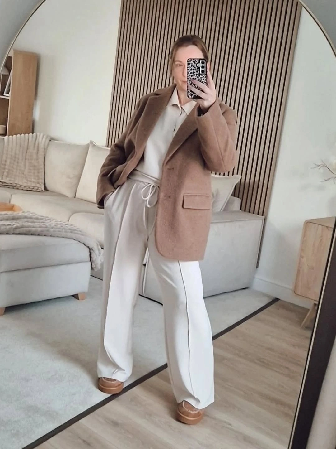 Brown oversized blazer with cream drawstring wide pants