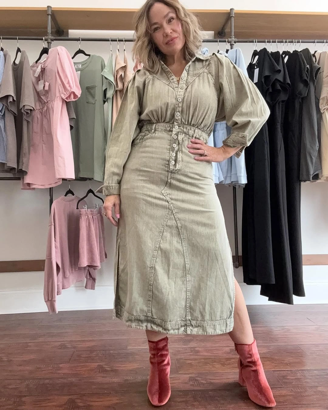 Sage button-front midi dress with rose ankle boots