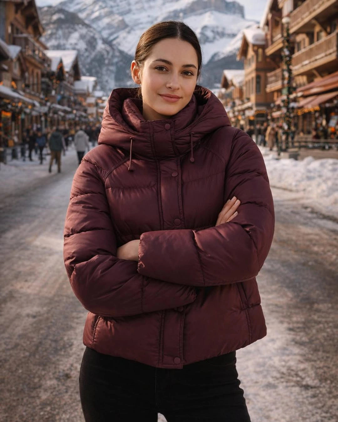 Burgundy hooded puffer with black pants in snowy setting