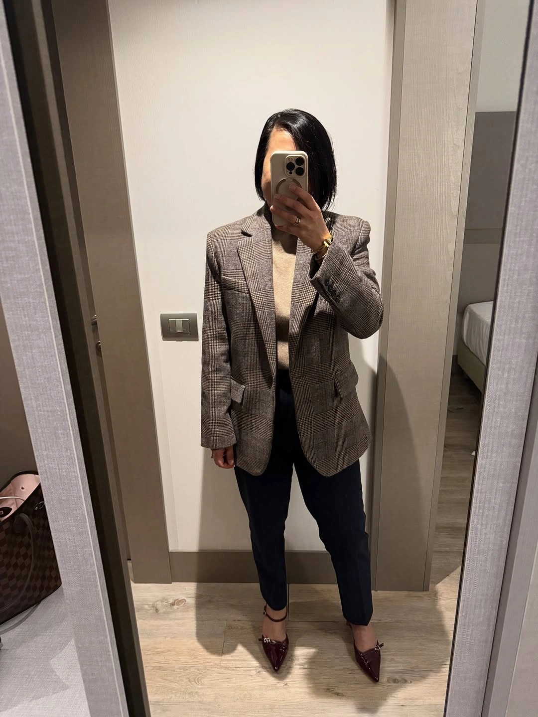 Checked blazer with dark trousers and burgundy pointed shoes