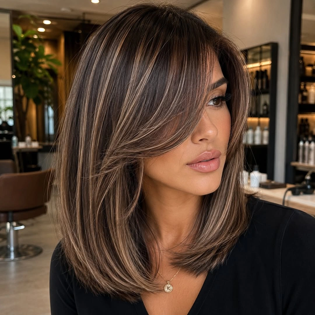 Brunette long bob with fine warm highlights and side-swept front
