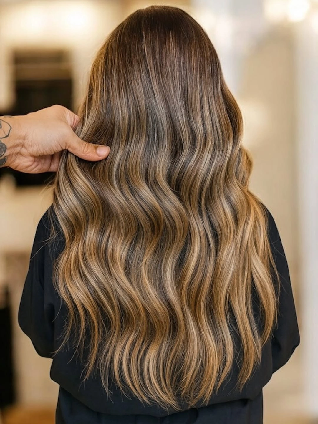 Long golden bronde waves with dark roots and warm lighter lengths
