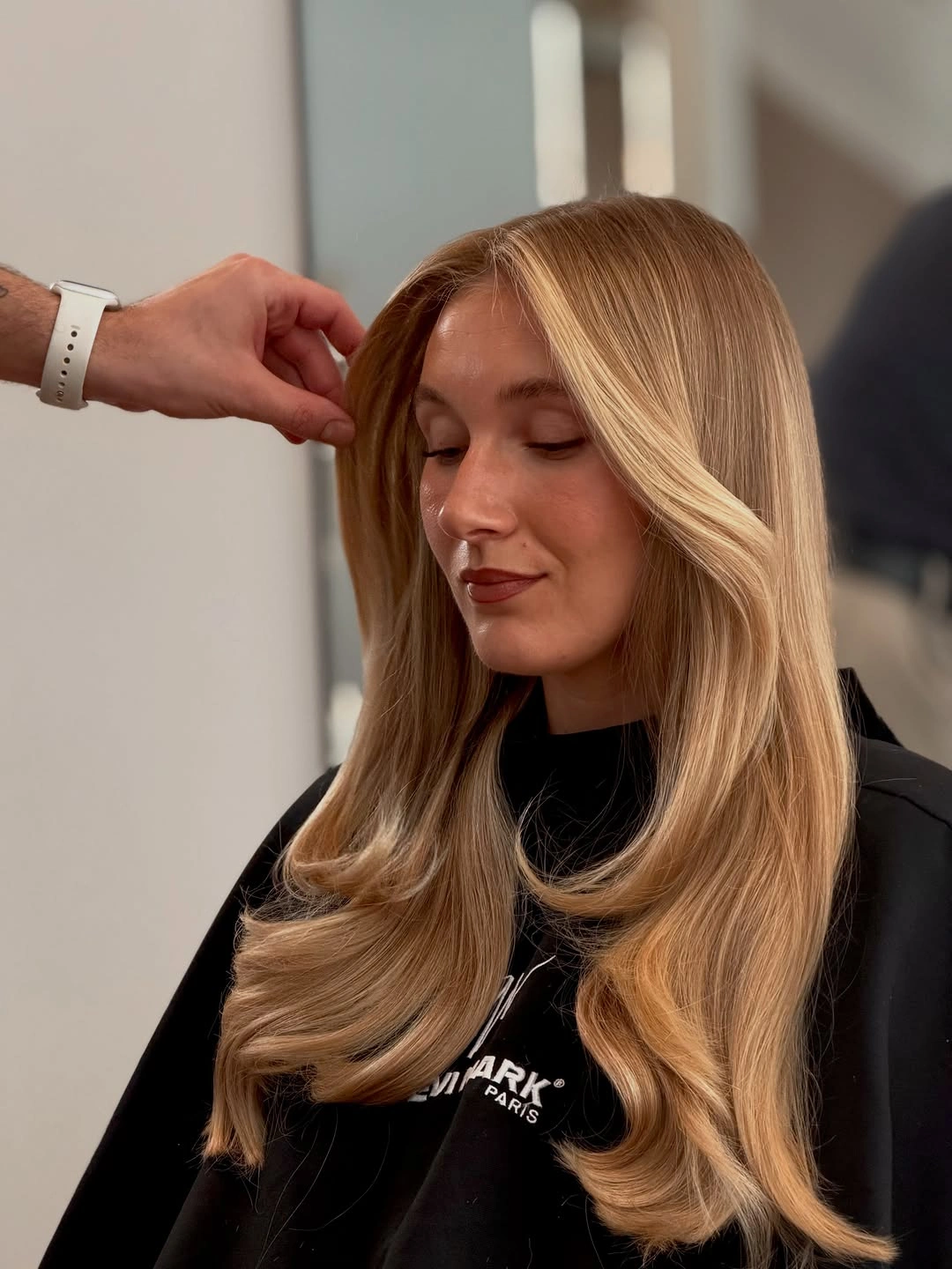 Long golden blonde hair with soft face-framing layers