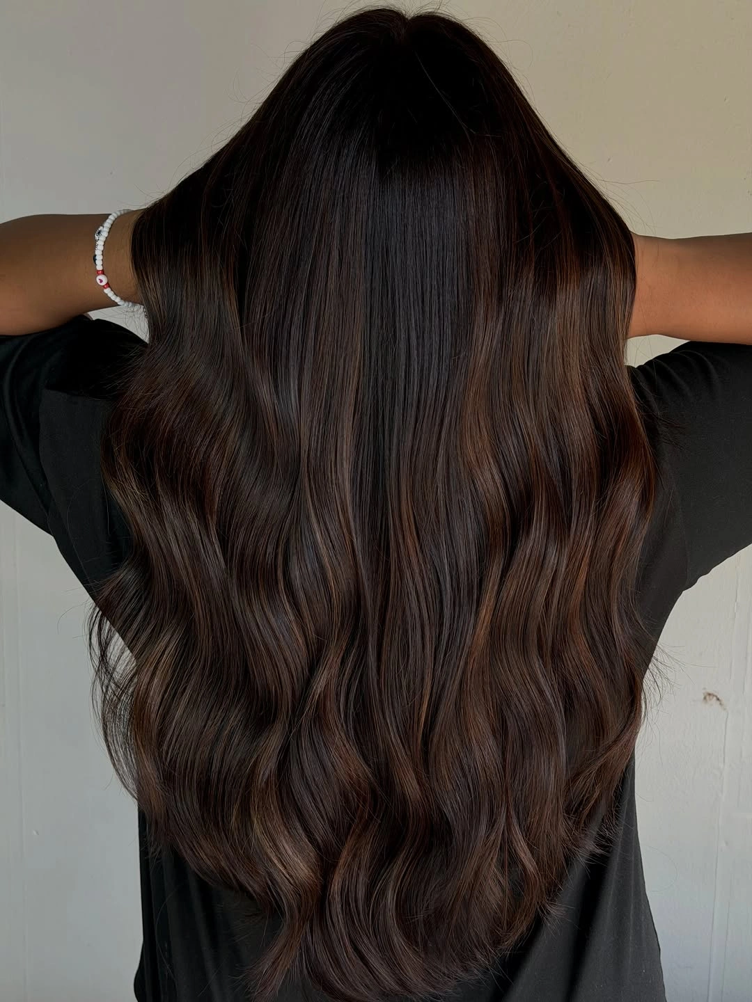 Long espresso brunette waves with darker crown and brown ribbons