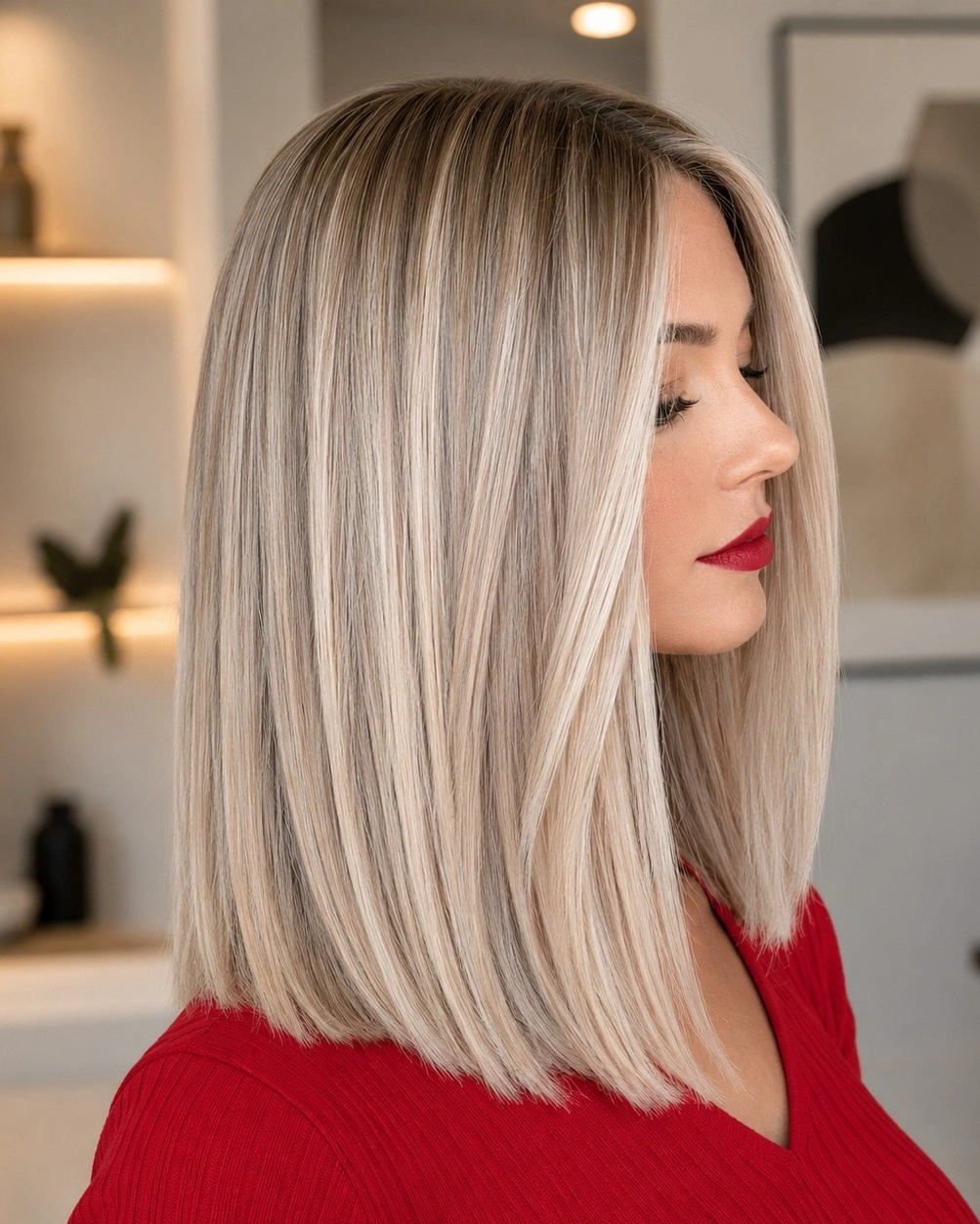 Straight creamy blonde lob with fine beige lowlights