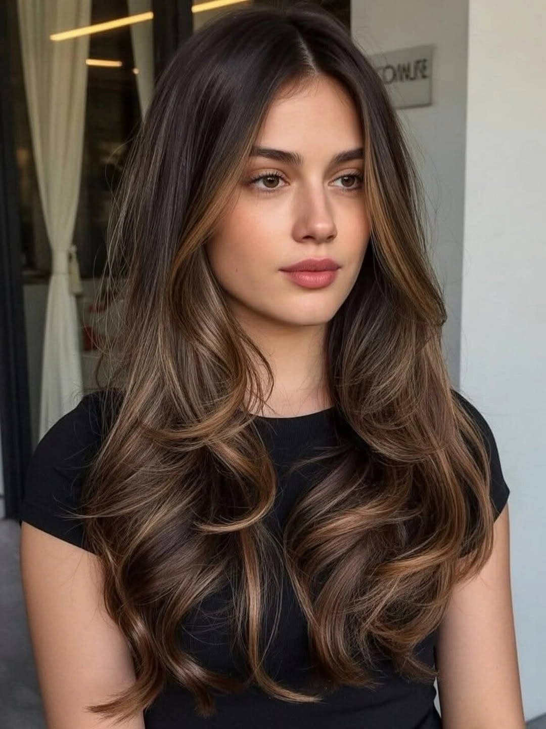 Long brunette hair with face-framing layers and curved chest-length ends
