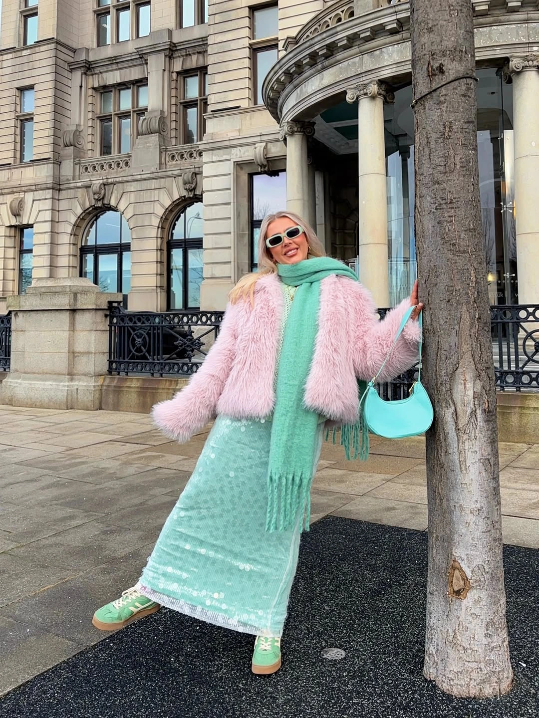 Pink shaggy jacket with aqua skirt and mint scarf