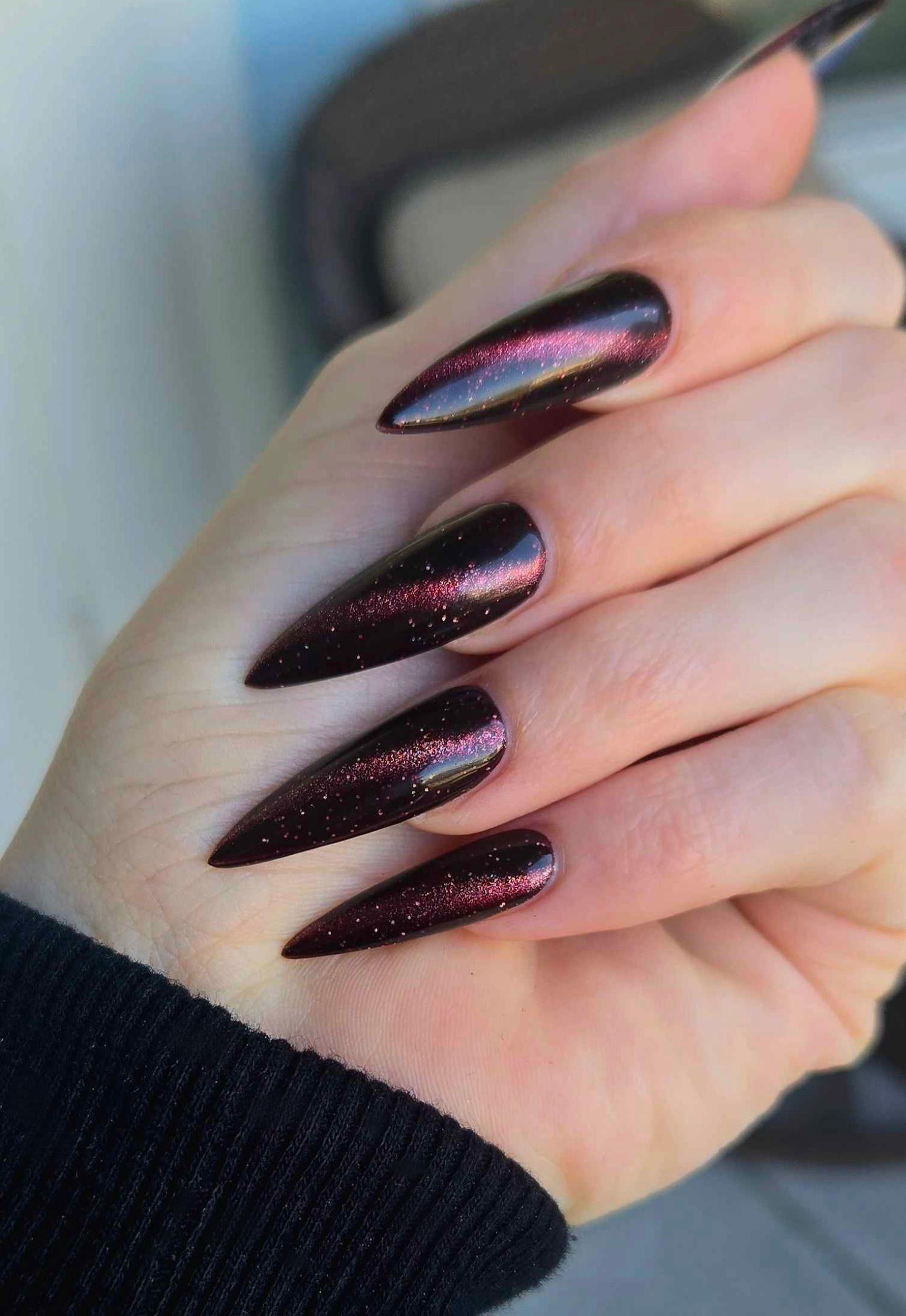 Burgundy Cat Eye Stilettos — Winter Cat Eye Nails