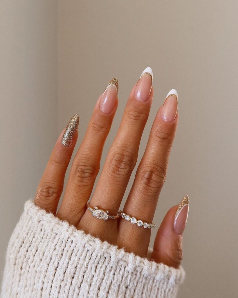 Nude French with Gold Glitter Outline Nude French with Gold Glitter Outline β New Years Acrylic Nails 2027