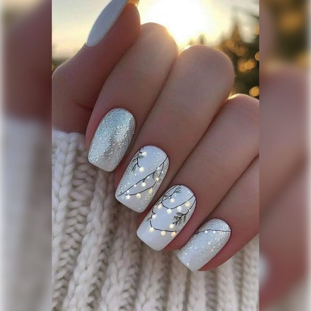 Short Square White with Glitter & String Lights Short Square White with Glitter & String Lights β Christmas Nail Colors 2026