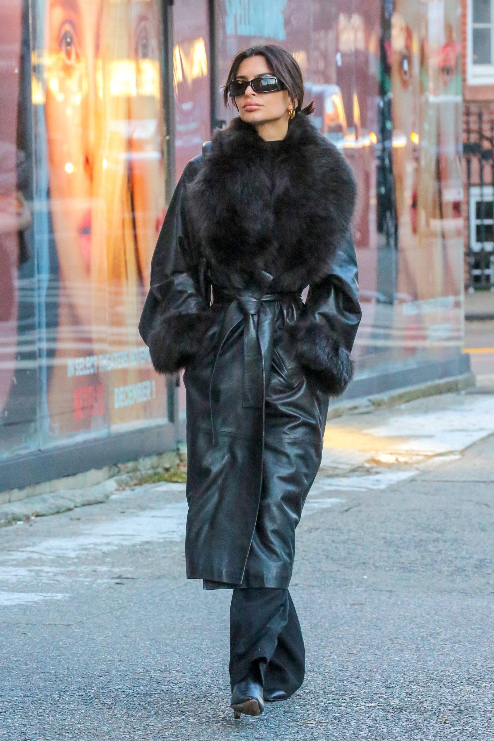 Dramatic Elegance: Leather Trench with Fur Collar — Snow Day Outfits