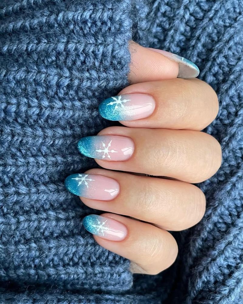 Teal and Pink Ombre with Snowflakes — Cute Winter Nails