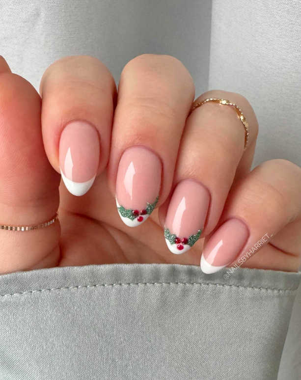 French Tip Holly Berry Oval Nails French Tip Holly Berry Oval Nails β Simple Short Christmas Nails 2026