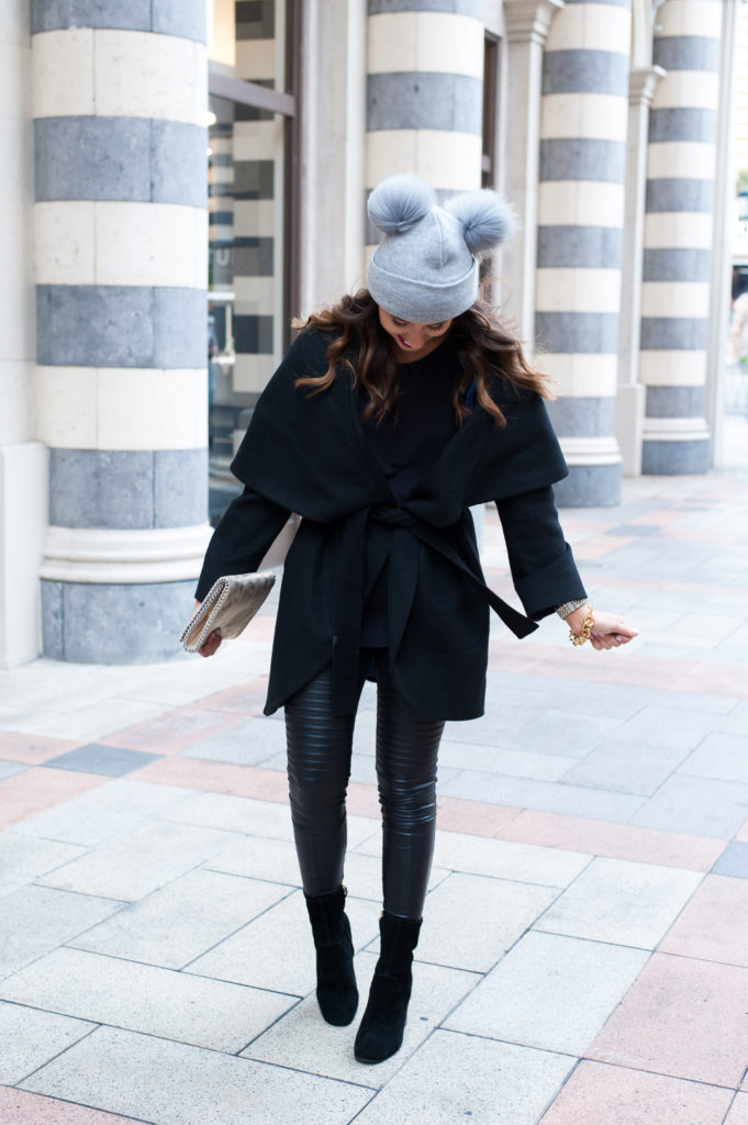 Chic Black Wool Coat with Leather-Look Leggings Chic Black Wool Coat with Leather-Look Leggings β Las Vegas Winter Outfits