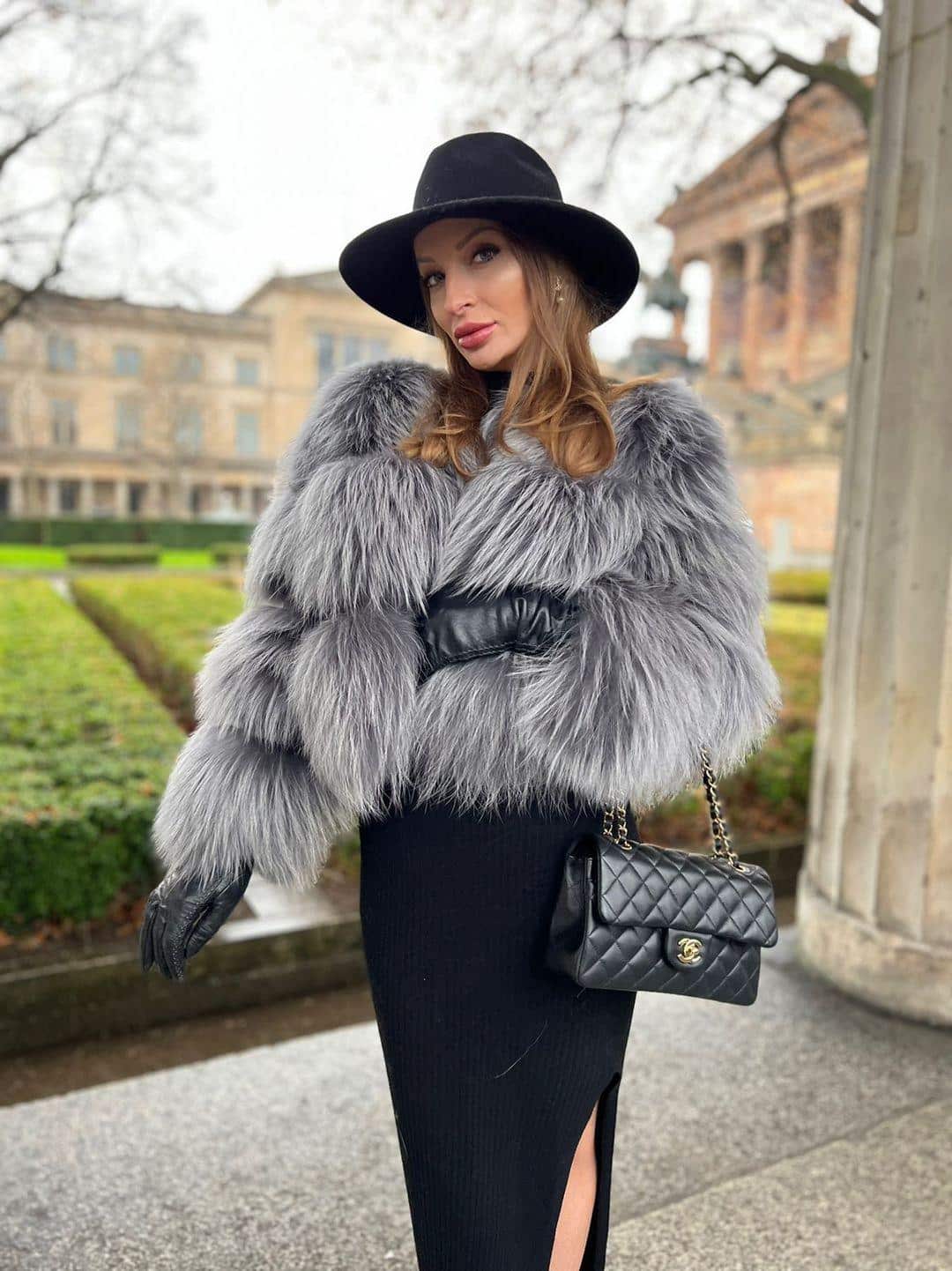 Grey Fur Coat with Black Hat and Dress — Fur Hat Outfits