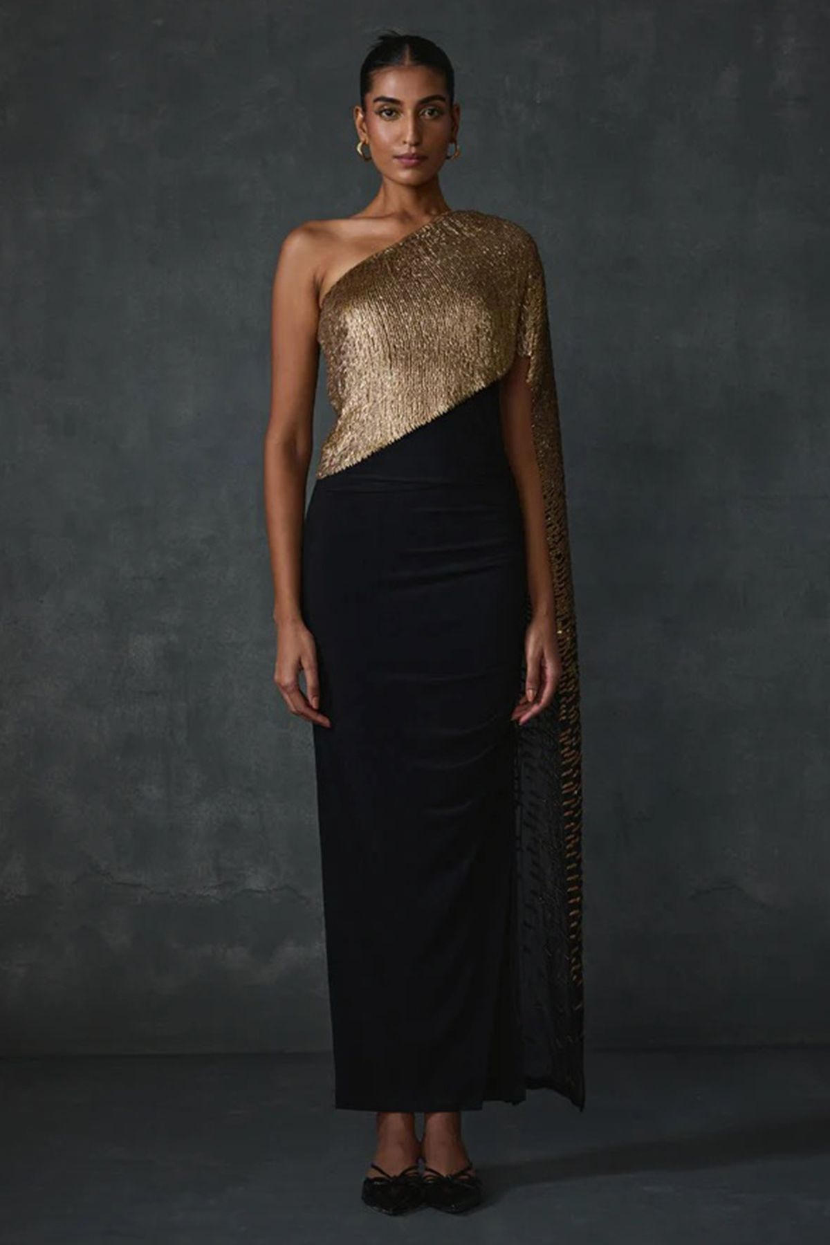 Glamorous Gold Sequined Top with Draped Skirt — Winter Party Outfits