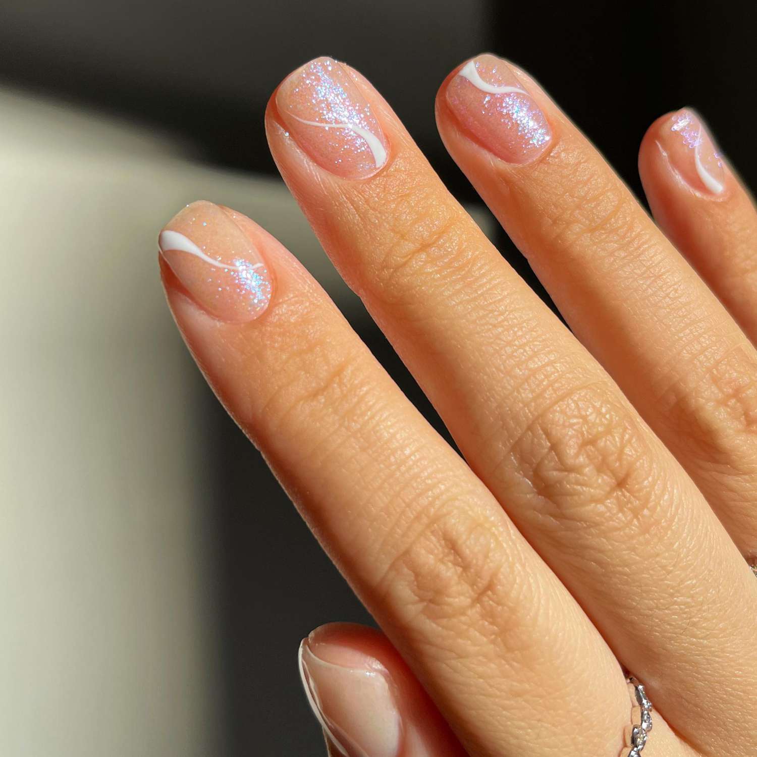 Short Oval Glitter and Wavy Line Nails — Winter Wedding Guest Nails