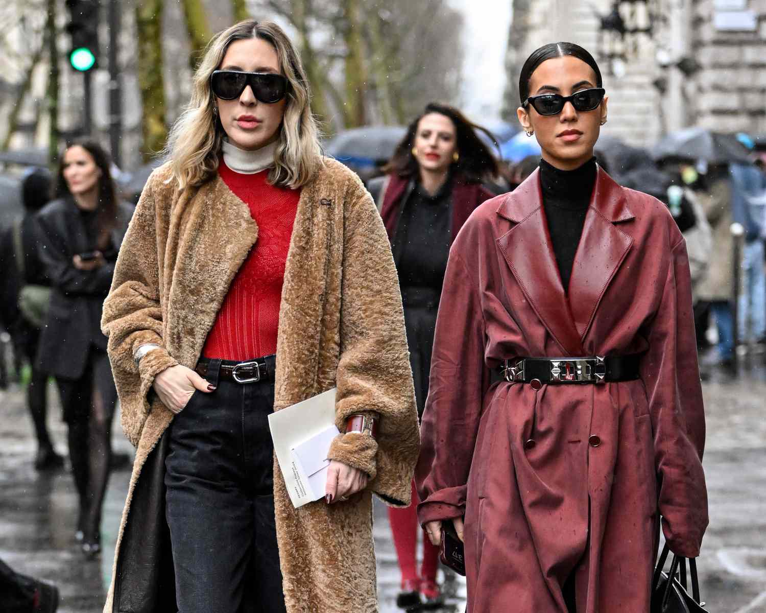 Bold Red Turtleneck Under a Plush Faux Fur Coat — Winter Layering Outfits