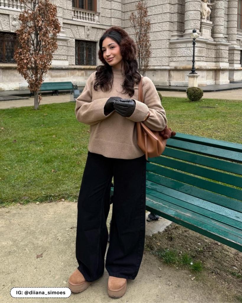 Oversized Camel Sweater and Wide-Leg Trousers with Brown Earmuffs Oversized Camel Sweater and Wide-Leg Trousers with Brown Earmuffs β Earmuffs Outfits
