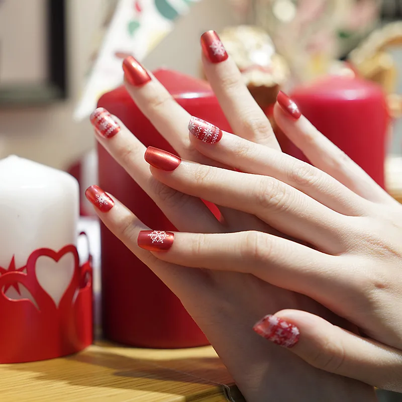 Metallic Red with Snowflake and Plaid Almond Nails — Christmas Nails for Kids 2026