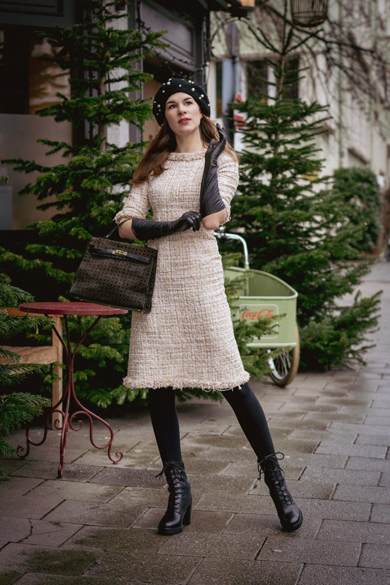 Textured Tweed Mini Dress with Lace-Up Boots and Beret Textured Tweed Mini Dress with Lace-Up Boots and Beret β Winter Dress Outfits