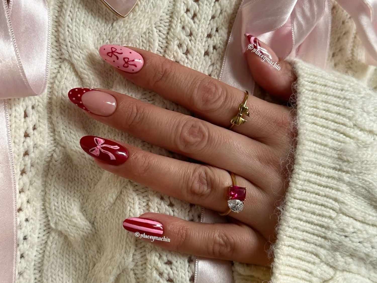 Playful Pink and Red Polka Dots with Bows — Christmas Gel Nails 2026