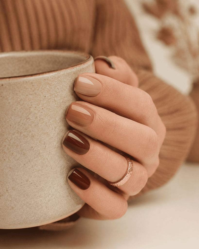 Brown Tones Gradient Glossy Nails Brown Tones Gradient Glossy Nails β Short Winter Square Nails