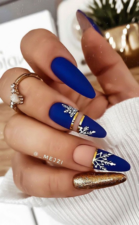 Matte Royal Blue Snowflake Stilettos Matte Royal Blue Snowflake Stilettos β New Years Dip Powder Nails 2027